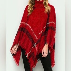 Turtle Neck Poncho Sweater Red / Black Plaid One Size Fits Most Women’s